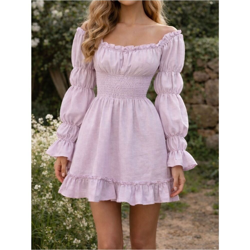 Sleeper Wisteria Lilac Ruffle Long Sleeve Smocked Mini Dress